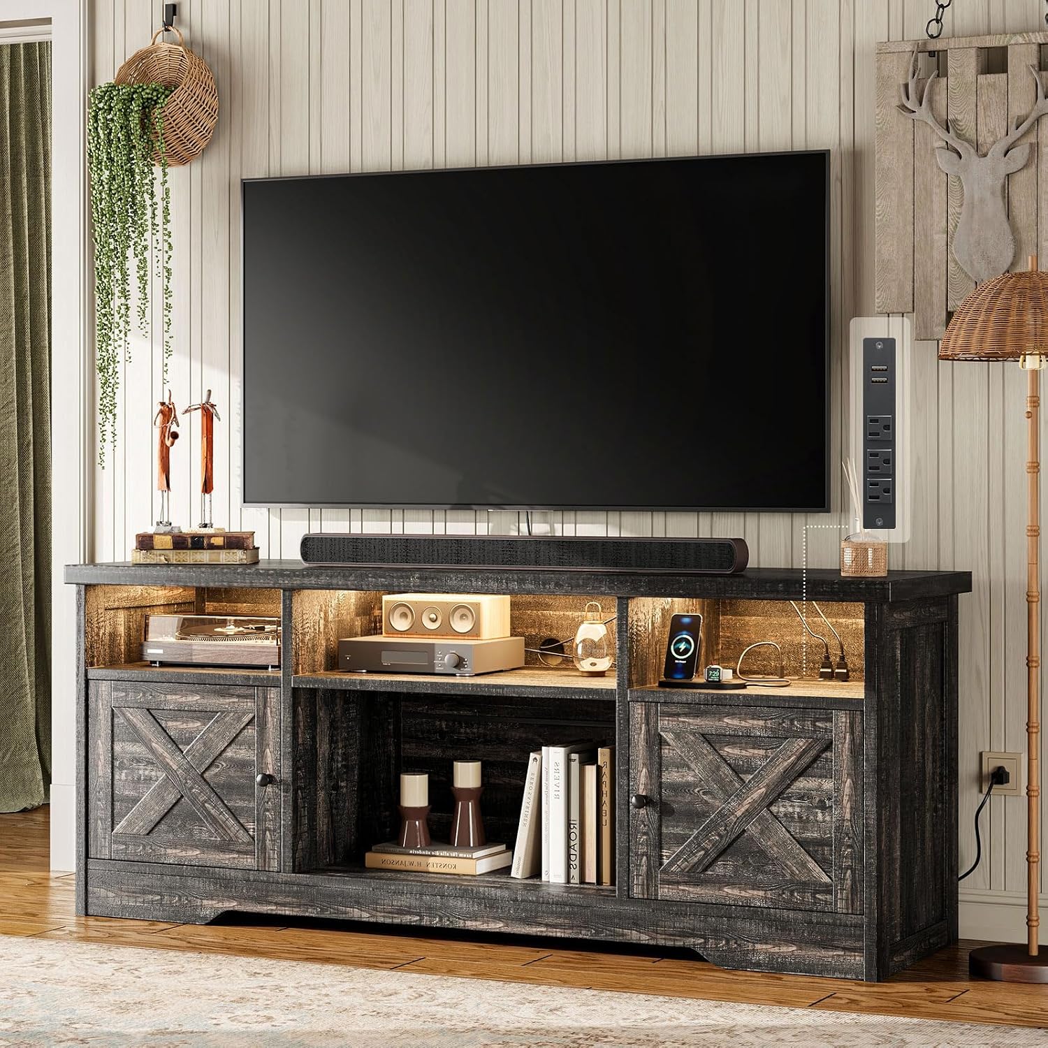 Casaottima TV Stand for 65 Inch TV, Farmhouse Entertainment Center with Power Outlet & LED Light and Storage Cabinets, Console Table and Media Furniture for Living Room Bedroom, Dark Oak
