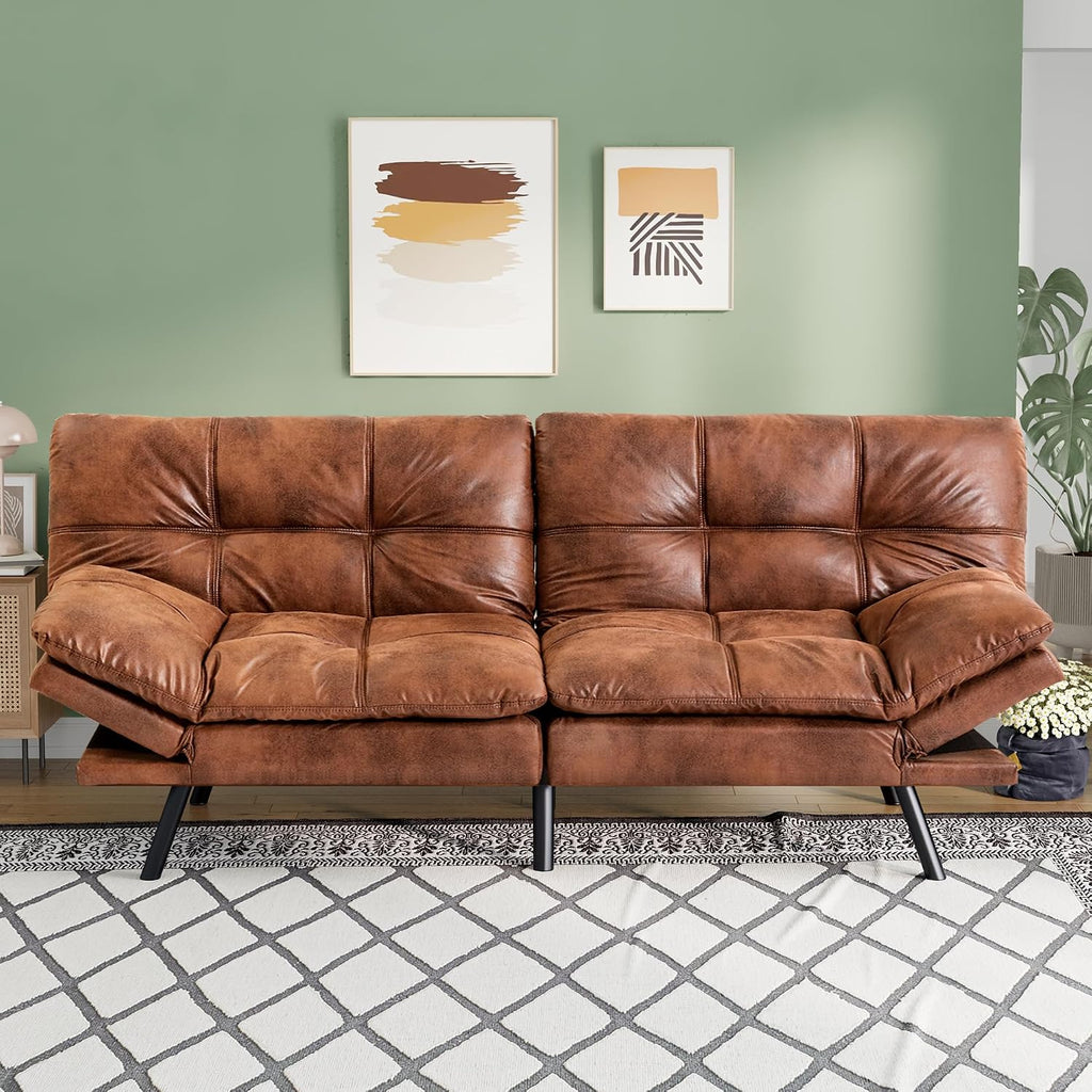 Opoiar 71' L Covertible Futon Sofa Bed,Faux Leather Futon Couch, Memory Foam Modern Loveseat Sleeper, Small Splitback Sofa Couches for Living Room,RV,Home Office,Apartment,Brown