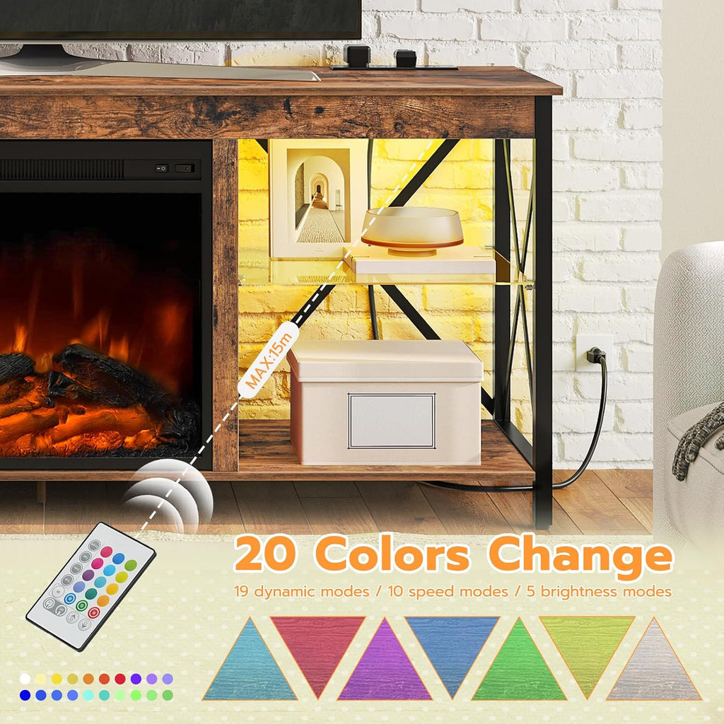 HOOBRO Fireplace TV Stand with Charging Station and LED Lights, TV Stand with Fireplace for TVs up to 55', Entertainment Center with Fireplace, Glass Shelves, Rustic Brown and Black BF120UDDS01