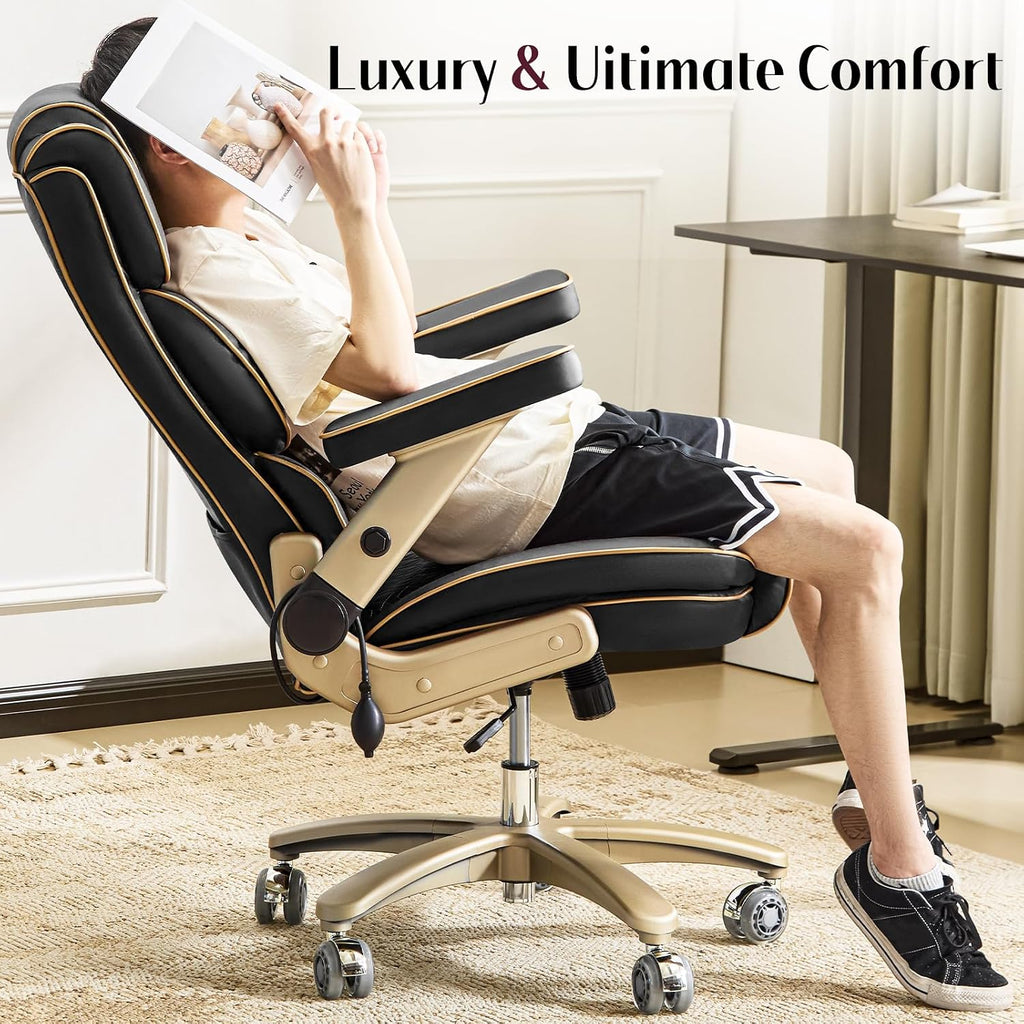 Big and Tall Office Chair 500lbs, Heavy Duty Leather Chair with 5D Armrests Comfortable Seat, High Back Executive Office Chair with Adjustable Lumbar, Large Computer Chair for Home Office, Black