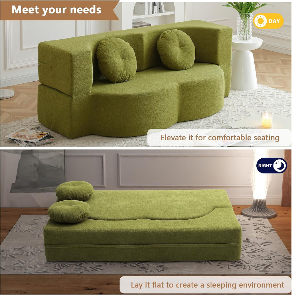 2-in-1 Folding Sofa Bed with Pillow, No Assembly Futon Twin Size Sofa Bed, Breathable Linen-Cotton Convertible Couch Bed for Living Room and Guest Room, 75.5 Inch,Green