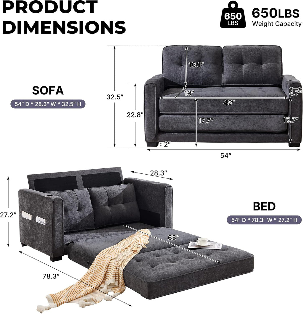 Convertible Sofa Bed, Pull Out Loveseat Sleeper Couch,Linen Fabric 2 in 1 Folding Couch Bed, Fold Out Floor Futon Couches with Cup Holder for Living Room, Bedroom,Small Space, Dark Grey