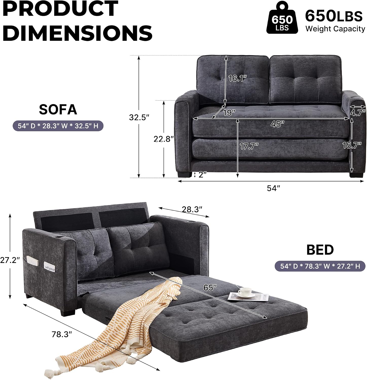 Convertible Sofa Bed, Pull Out Loveseat Sleeper Couch,Linen Fabric 2 in 1 Folding Couch Bed, Fold Out Floor Futon Couches with Cup Holder for Living Room, Bedroom,Small Space, Dark Grey