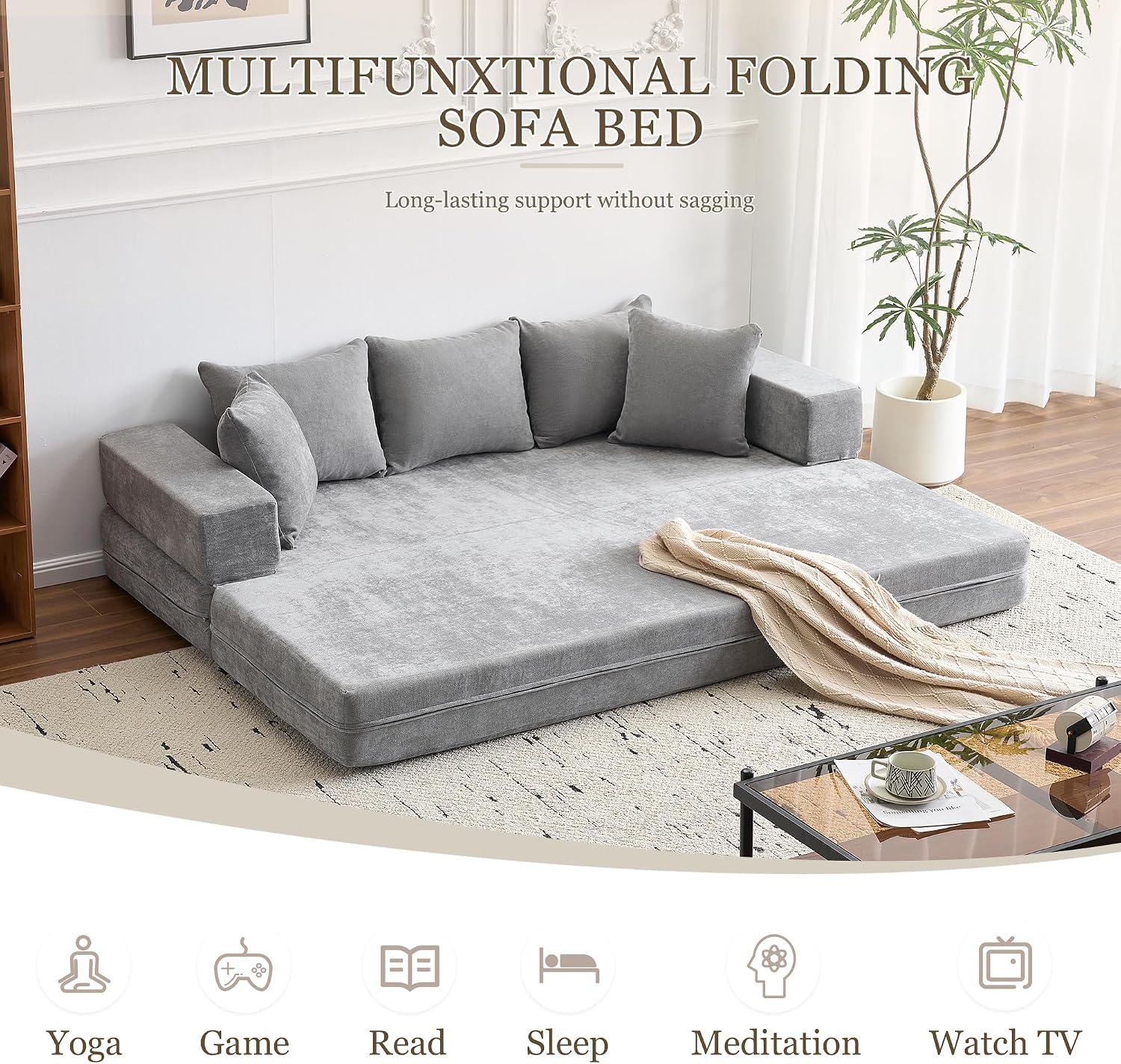 MELLCOM 79' Convertible Folding Sofa Bed Queen, Sleeper Sofa Couch with Armrest and Pillows, Chenille Fold Out Floor Chaise Lounge, Comfy Foldable Futon Mattress for Living Room, Bedroom (Grey 7.87')