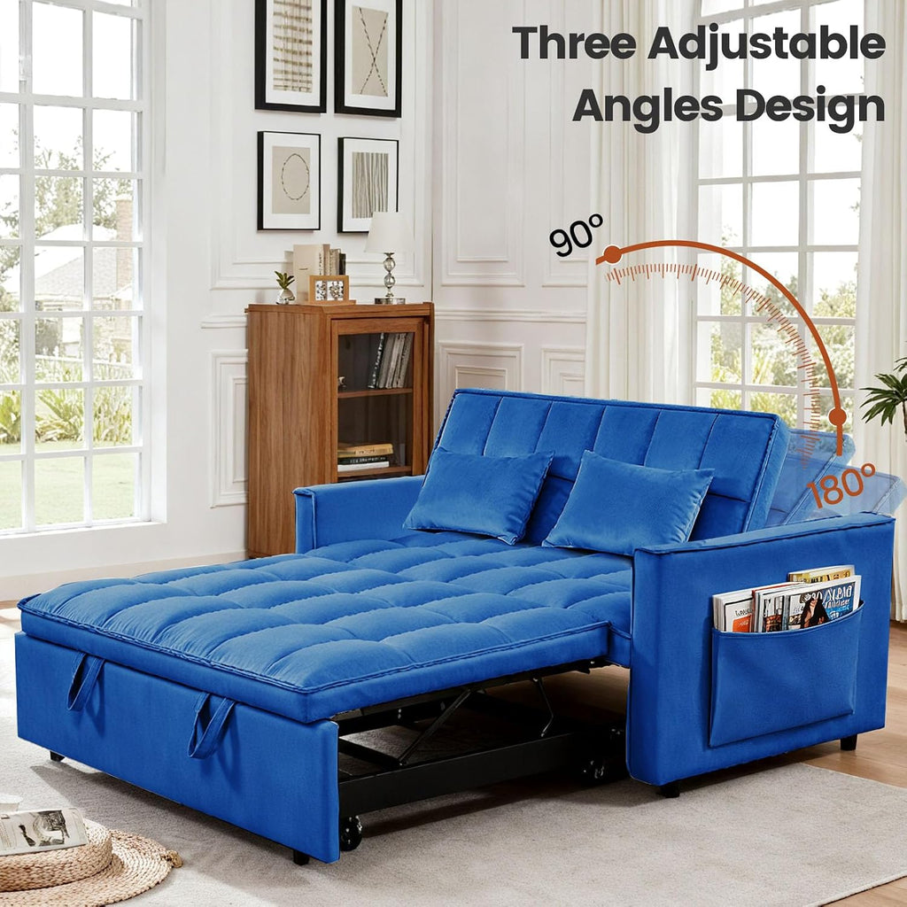 Convertible Sofa Bed, Pull Out Couch with Side Pockets, 3 in 1 Velvet Fabric Loveseat Sleeper Sofa Bed, Pull Out Couch with Adjustable Backrest for Living Room, Bedroom, Apartment, Blue