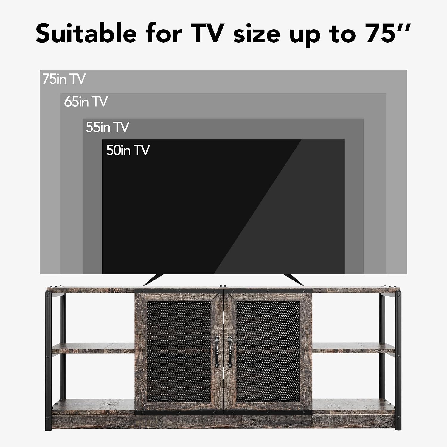 Garvee TV Stand for 65+ Inch TV, Industrial Entertainment Center with 4 Shelfs, Farmhouse TV Cabinet with 2 Doors for Living Room