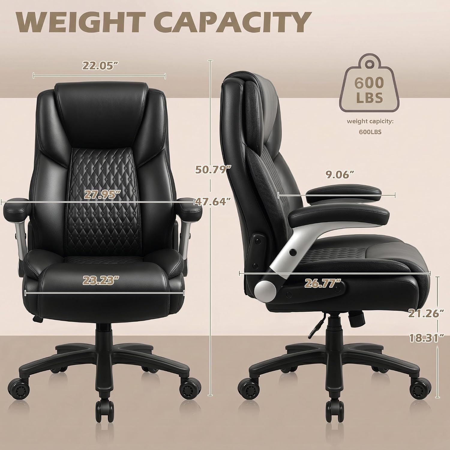 LEMBERI 600lbs Big and Tall Office Chair with Flip up Armrest, Heavy Duty Executive Desk Chair for Heavy People, High Back Computer Chair with Adjustable Lumbar Support,Black