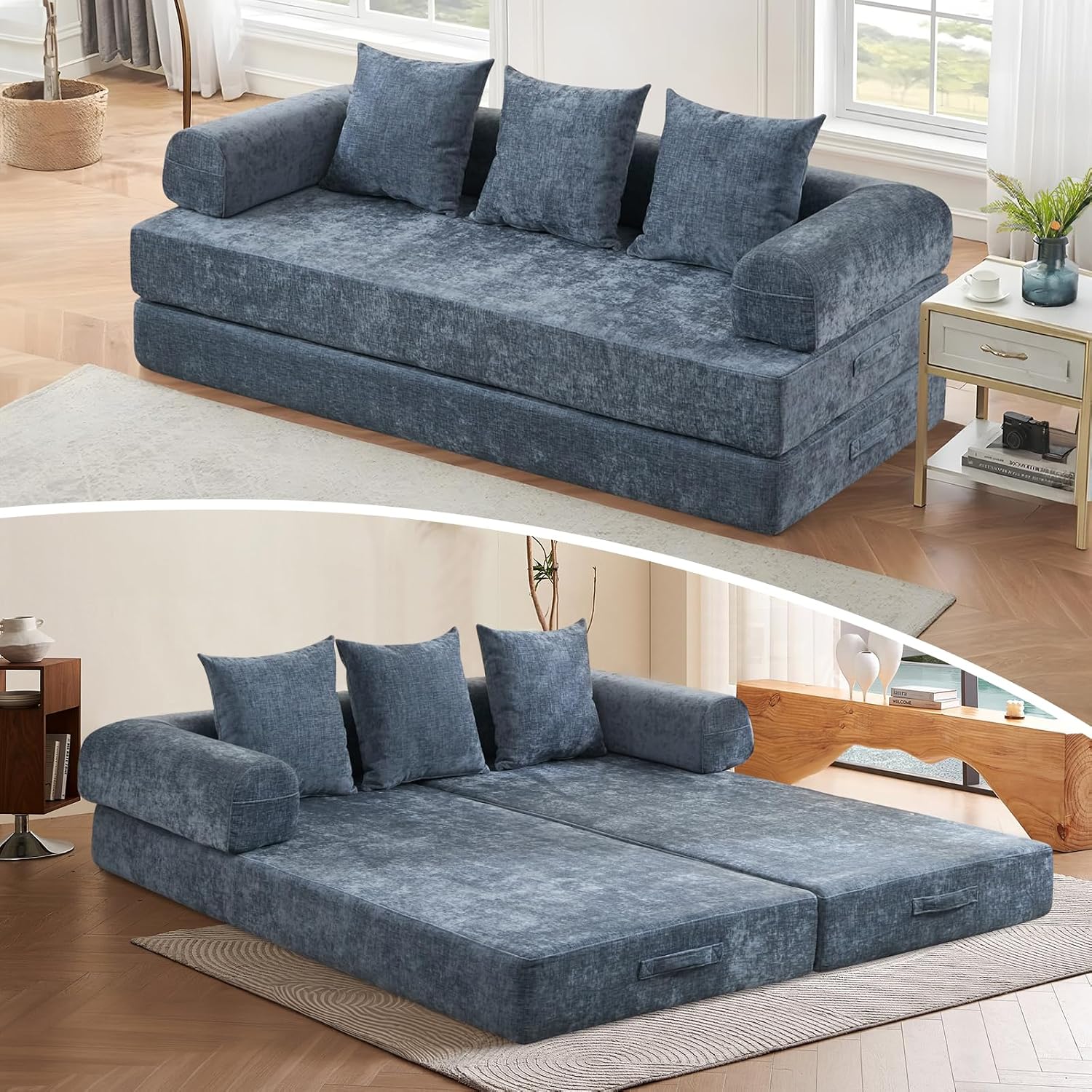 Futon Sofa Bed, Modular Convertible Folding 3 Seater Chenille Foam Floor Loveseat Sleeper Sofa Couch with 3 Pillows, No Assembly Compressed Boneless Couch, for Living Room Bedroom Guest Room, Blue