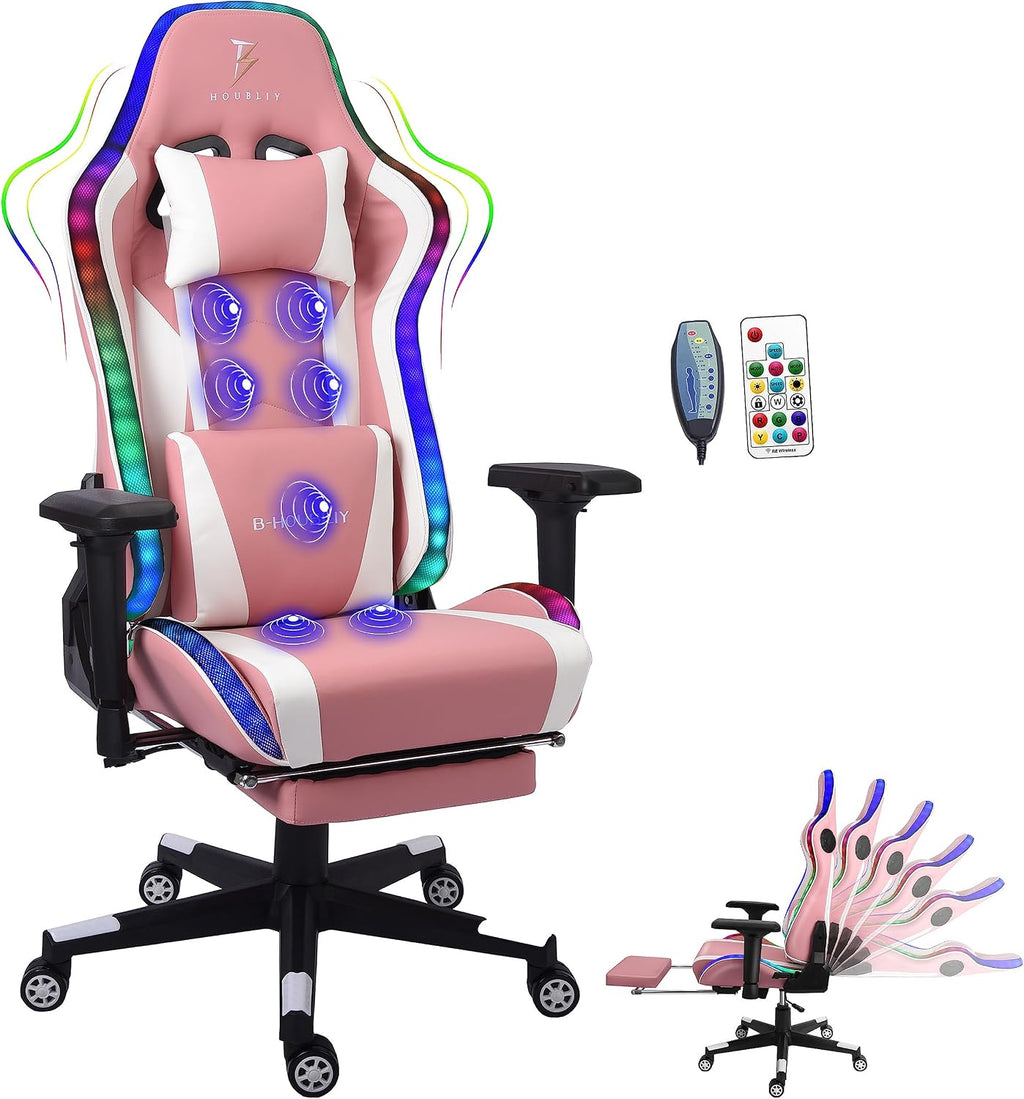 RGB LED Light Ergonomic Gaming Chair - Built-in Speakers, Full Body Massage, High-Back Office Recliner with Footrest - Comfortable Computer Chair Ideal for Adults and Teens.,Pink