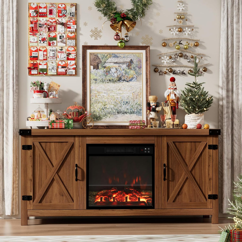 Furmax Fireplace TV Stand for Up to 65 Inches TVs, Farmhouse Entertainment Center with Grooved Barn Doors, Rustic Media Console Table with Storage Cabinets for Living Room (Barnwood)