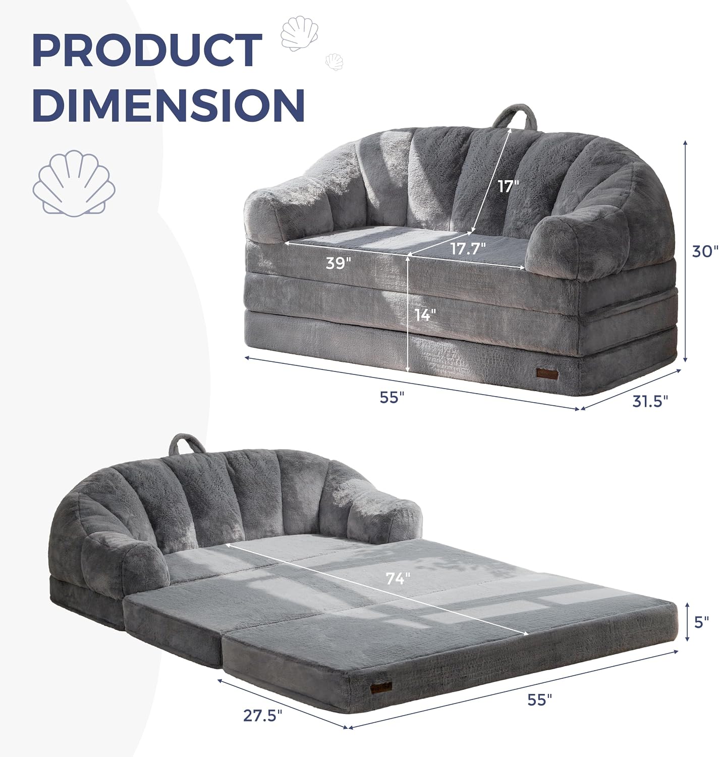 MAXYOYO Folding Sofa Bed, 2 in 1 Convertible Sofa to Lounger Comfy Loveseat Bean Bag Chair for Adults, Floor Sleeper Couch with Handle, Faux Fur Couch Bed for Living Room Bedroom, Grey, Loveseat