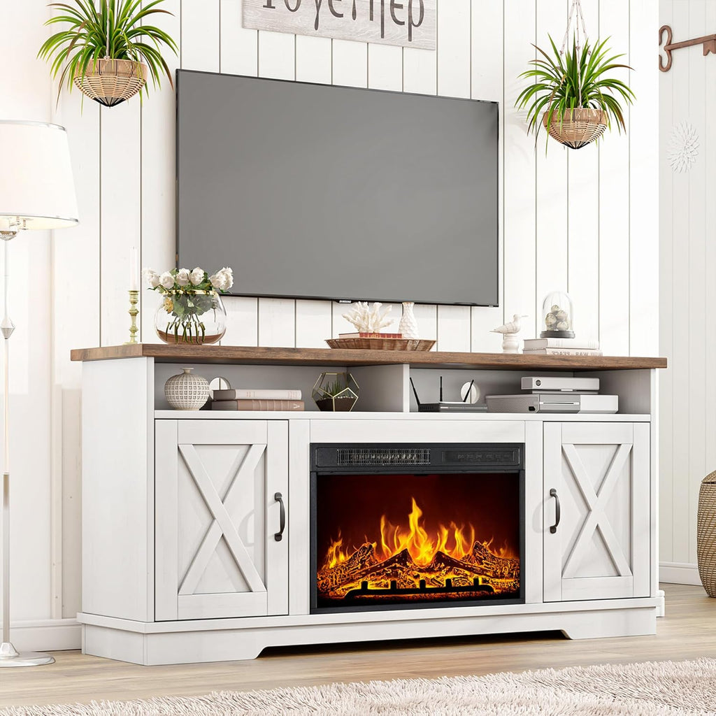 AMERLIFE 63' Farmhouse TV Stand with 26' Fireplace, for TVs up to 73', Media Entertainment Center with Adjustable Shelf & Barn Doors, Rustic TV Console Cabinet for Living Room, Rustic Oak & White