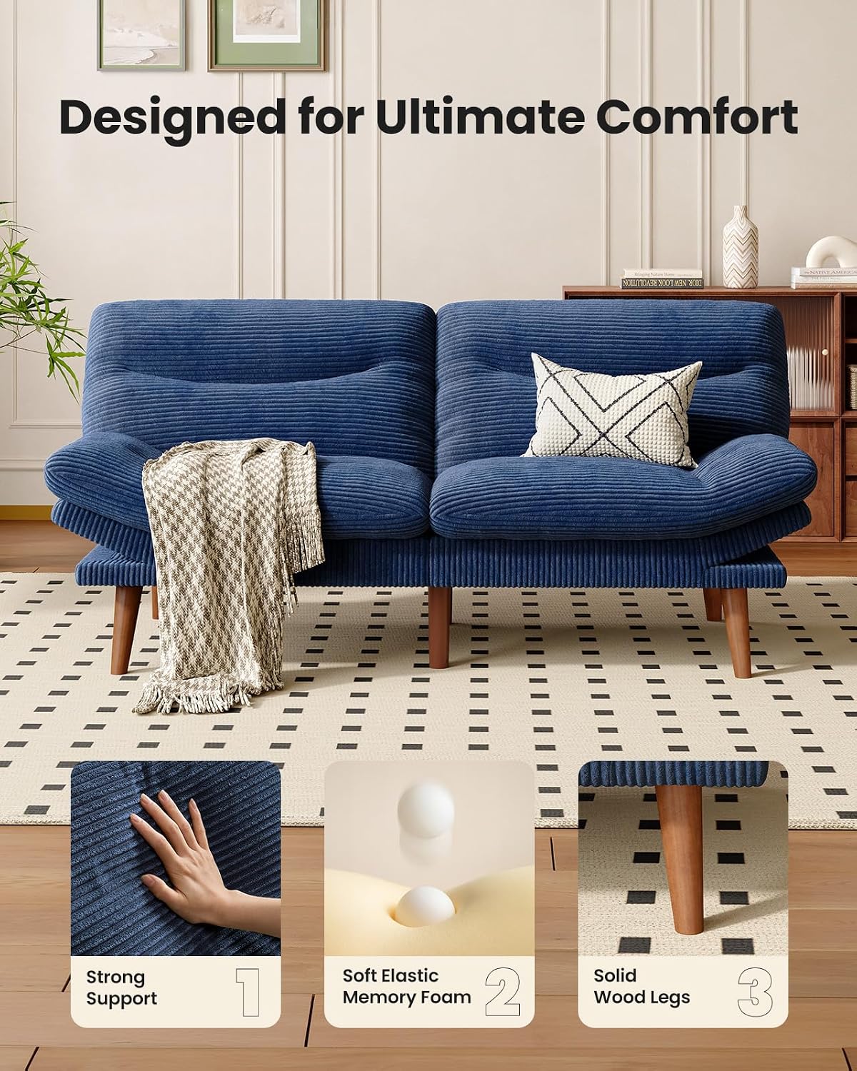 66″Futon Sofa Bed,3-in-1 Futon Couch w/Adjustable Backrest & Armrests, Convertible Sleeper Sofa Bed, Small Folding Sleeper Recliner w/Removable Cushion for Apartment, Living Room,Office (66in,Blue)