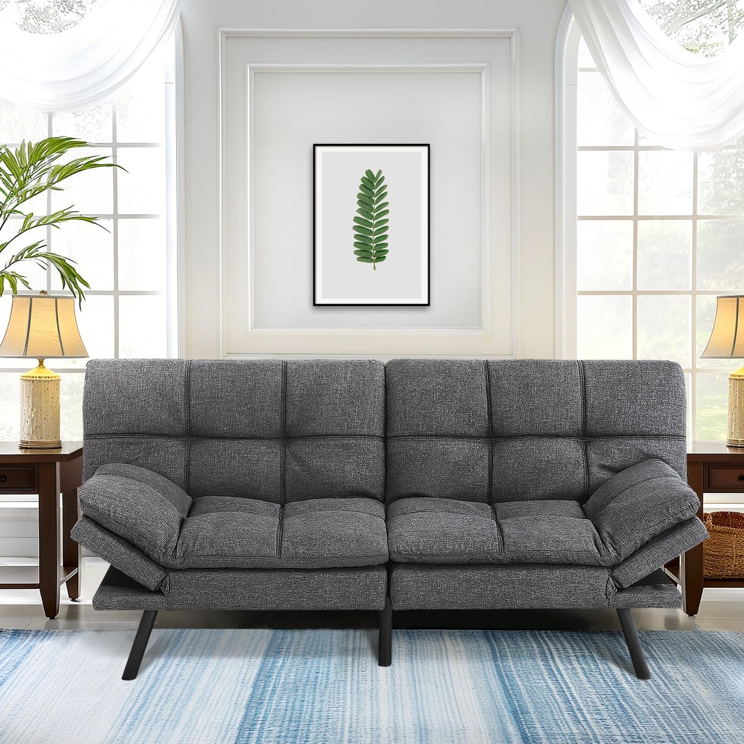 MUUEGM 71' Futon Sofa Bed, Convertible Couch Filled with Memory Foam, Modern Loveseat with Adjustable Backrest&Armrest, Sofas for Living Room,Game Room,Dormitory,Office.Grey Fabric