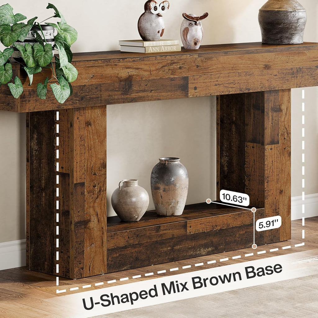 Tribesigns 63' Console Table, Farmhouse 2-Tier Entryway Table with U-Shaped Base, Narrow Long Wood Sofa Table Behind Couch Table for Living Room, Hallway, Foyer, Mix Brown