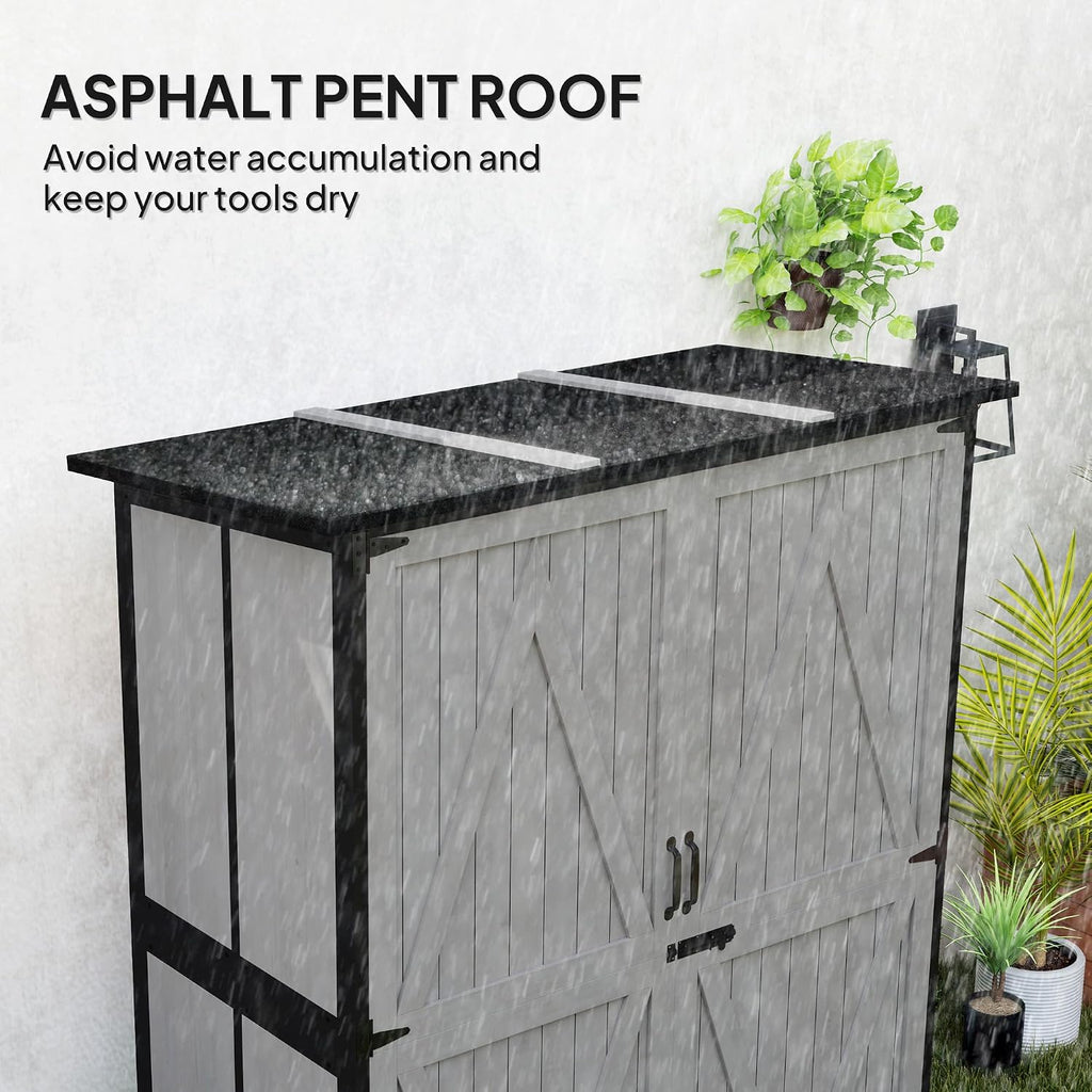 Outsunny Outdoor Storage Cabinet, Wood Garden Tool Shed with Steel Frame and Asphalt Roof, Garden Storage Shed with 2 Shelves, Lockable Doors and Adjustable Feet for Patio Backyard Lawn, Gray