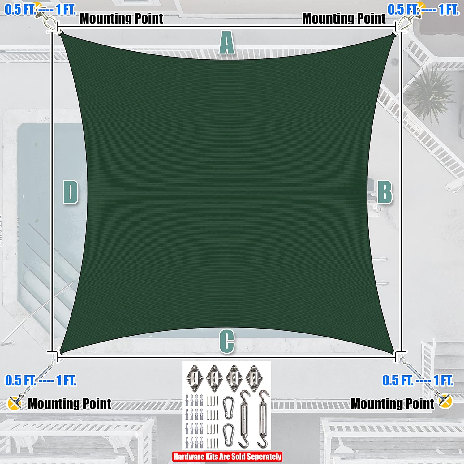 Amgo Custom Size 12' x 16' Green Rectangle Square Sun Shade Sail UPF50+ AGTAPR0810, Order to Make Canopy Awning, 95% UV Blockage, Water & Air Permeable, Commercial and Residential (We Customize)