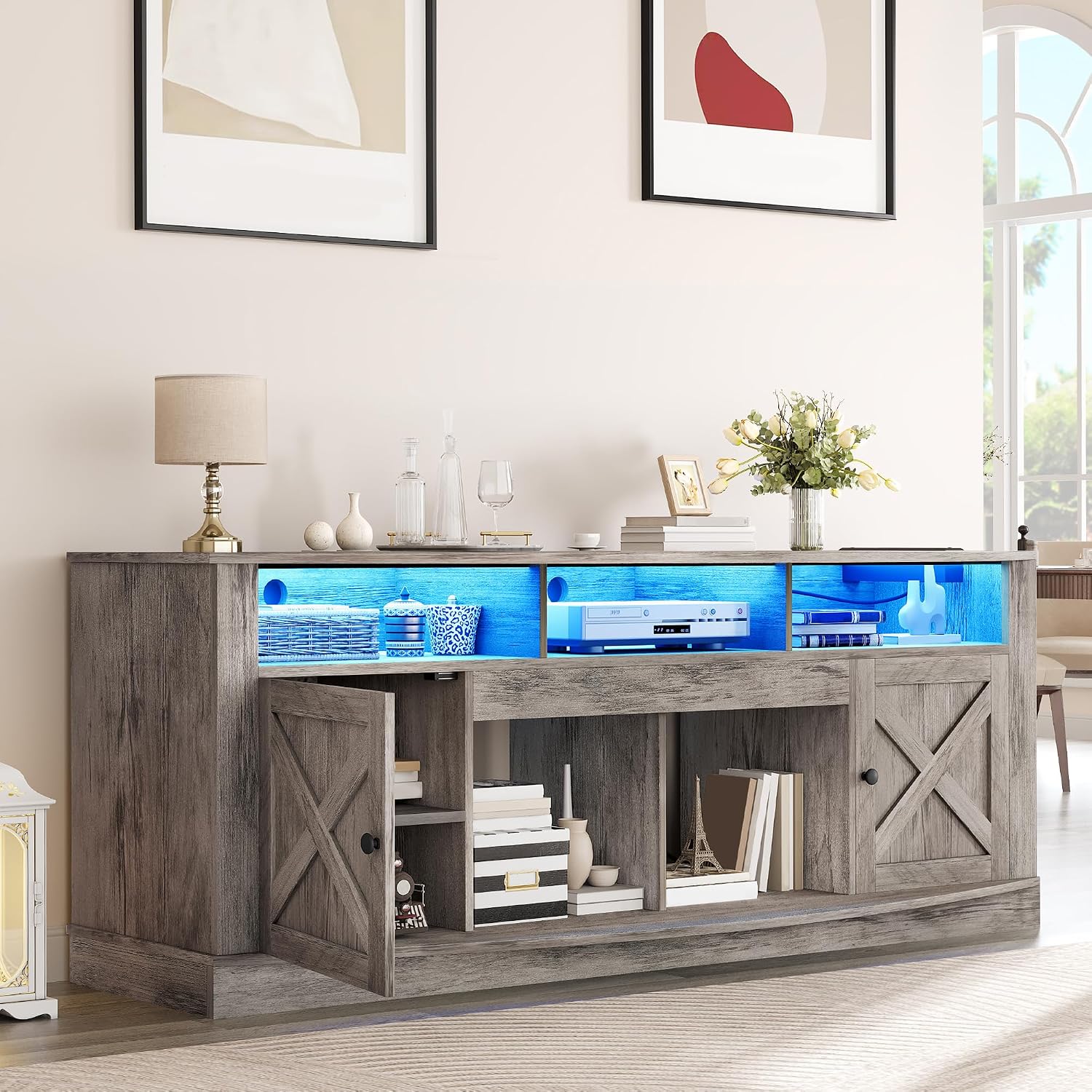 YITAHOME TV Stand for 75/80 Inch TV, Light Rustic Grey Entertainment Center 70 Inches Wide, Media Furniture TV Table with with Power Outlet, TV Consoles for Living Room, Curved Desktop