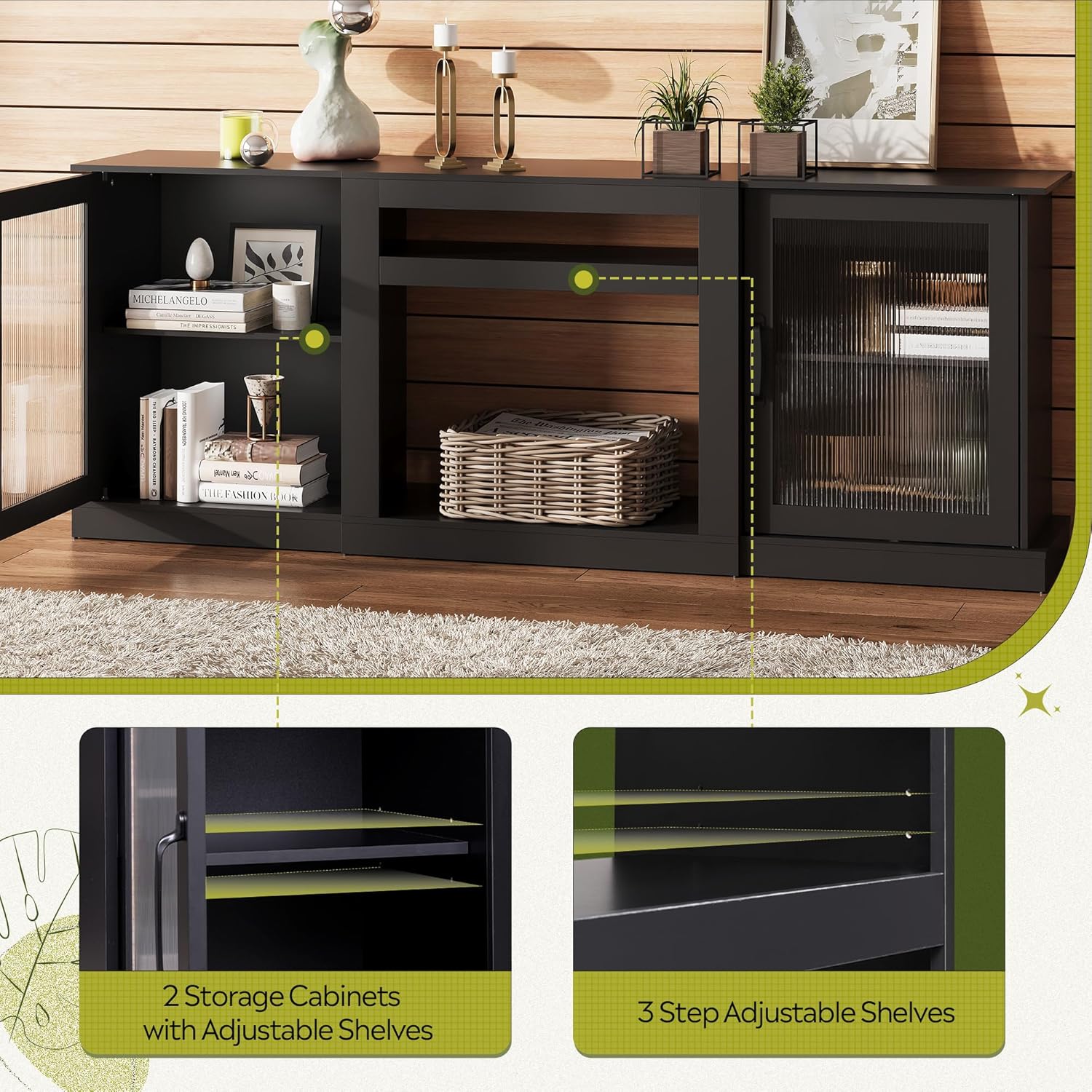 WLIVE Farmhouse TV Stand for 75 inch TV, Entertainment Center with Storage Cabinets, Mid Century Modern TV Console for Living Room, Bedroom, Black