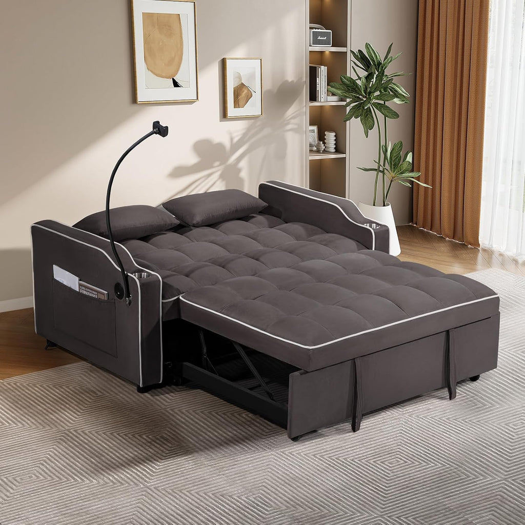 JEEOEHY 3 in 1 Convertible Sleeper Sofa Bed,Velvet Pull Out Couch Bed w USB&Type C Port,Comfy Futon Loveseat with Adjustable Backrest&Phone Holder for Living Room Apartment Small Space(Brown)