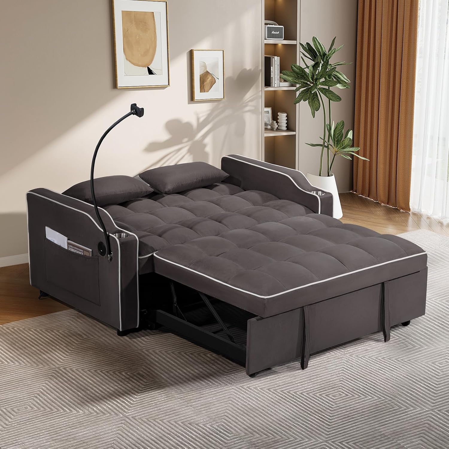 JEEOEHY 3 in 1 Convertible Sleeper Sofa Bed,Velvet Pull Out Couch Bed w USB&Type C Port,Comfy Futon Loveseat with Adjustable Backrest&Phone Holder for Living Room Apartment Small Space(Brown)
