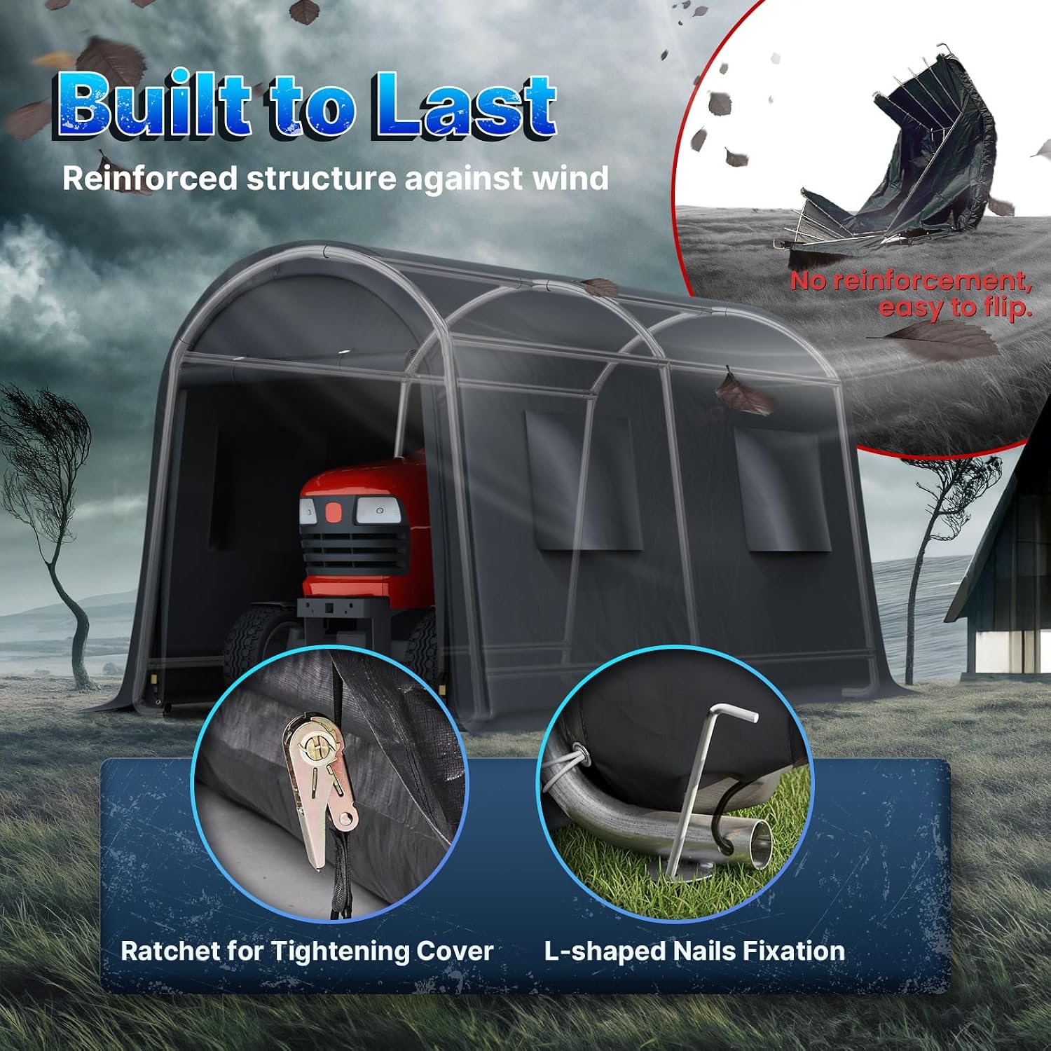 ADVANCE OUTDOOR 7x12 ft Shelter Storage Shed Steel Metal Round Peak Roof Portable Garage Carport for Motorcycle, Boat, or Garden Tools with 2 Roll up Doors & Vents, Gray