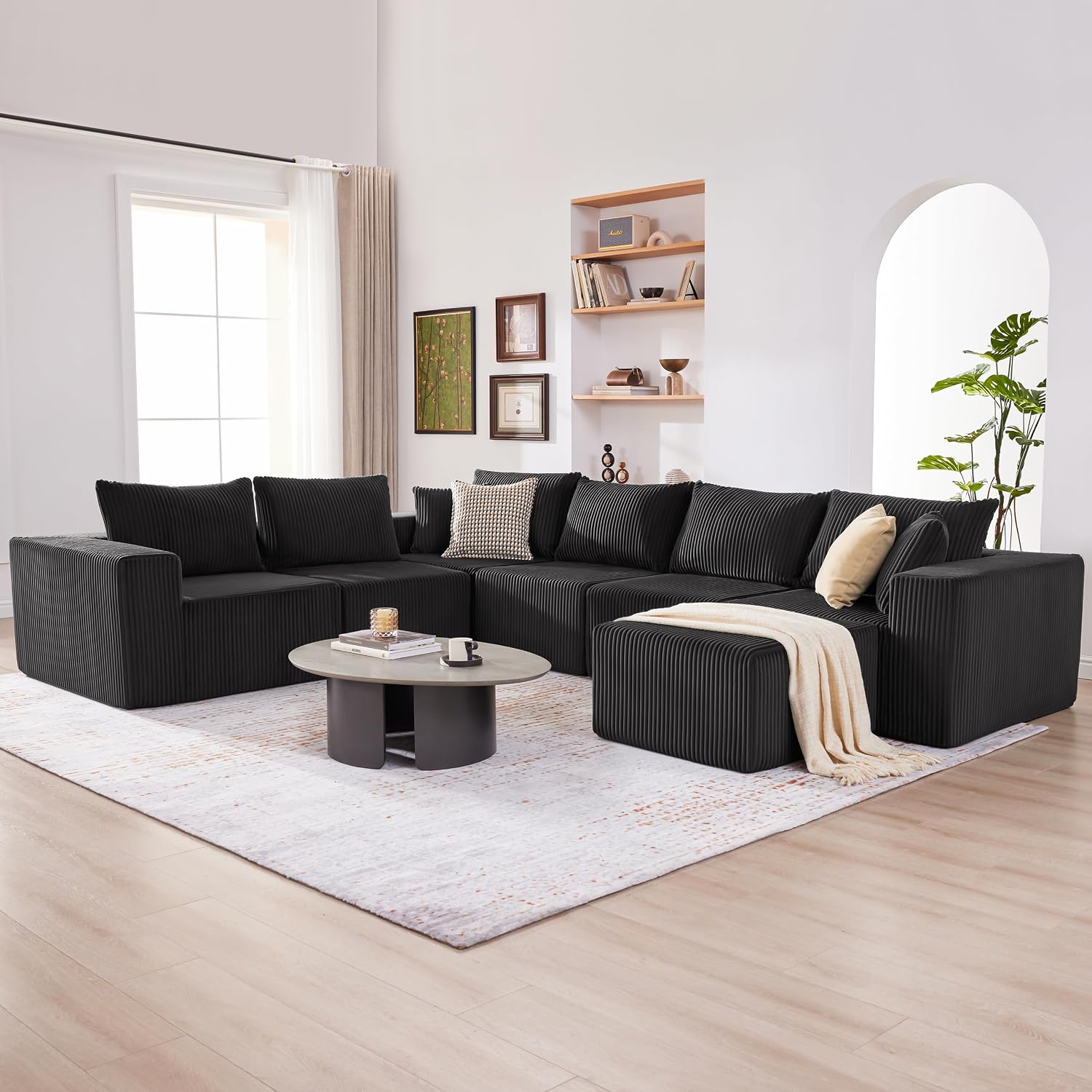 Cloud Couch Sectional, Modular Sofa with Deep Seat, Convertible Sectional Couches for Living Room, Plush Corduroy U Shaped Boneless Couch (Black, 6 Seater & 1 Ottoman)