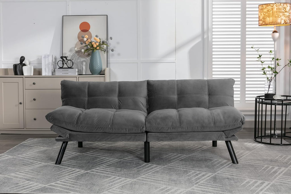 Convertible Futon Sofa Bed for Small Spaces, Modern Multi-Functional Sleeper with Adjustable Backrest, Tufted Brown Fabric Couch for Living Room, Apartment, Dorm (Light Grey)