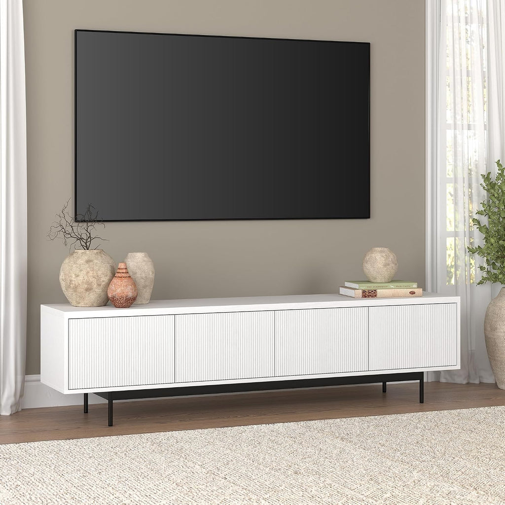 Henn&Hart Fluted TV Stand for TVs up to 85' with 2 Open-Concept Ribbed Storage Cabinets for Living Room, Family Room, or Office, Cloud White