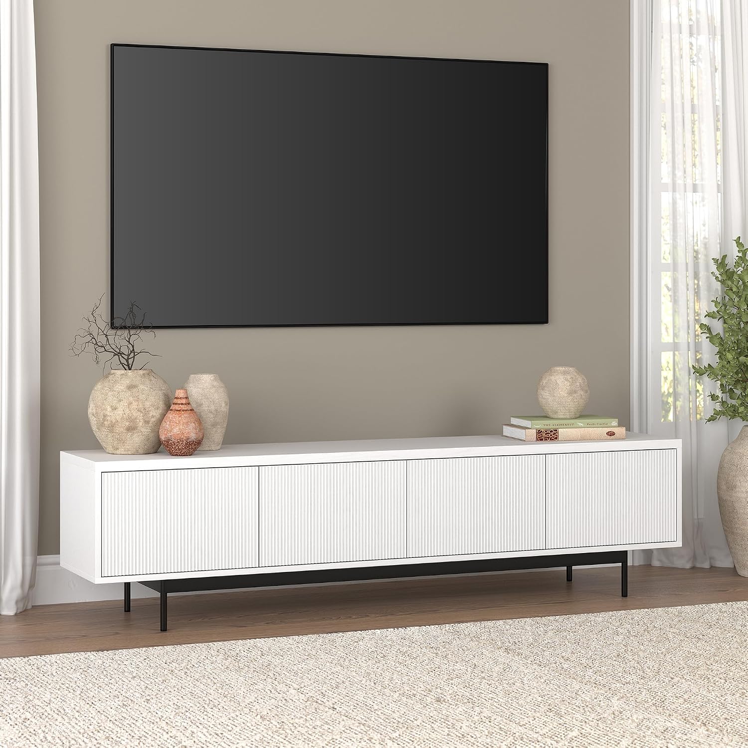 Henn&Hart Fluted TV Stand for TVs up to 85' with 2 Open-Concept Ribbed Storage Cabinets for Living Room, Family Room, or Office, Cloud White