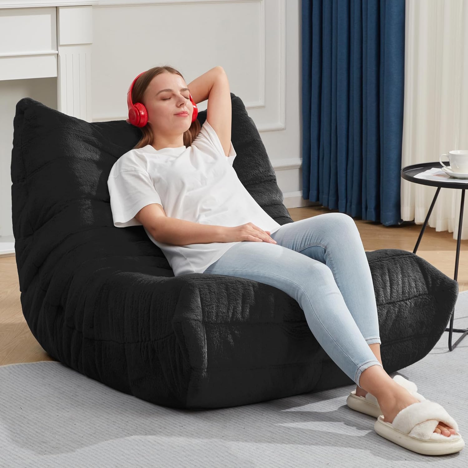 Bean Bag Chairs for Adults Giant Bean Bag Chair Memory Foam BeanBag Chair Bean Bag Sofa with Filler Faux Fur Fireside Beanbags Lazy Sofa for Living Room Bedroom Office (Black Plush, Single)