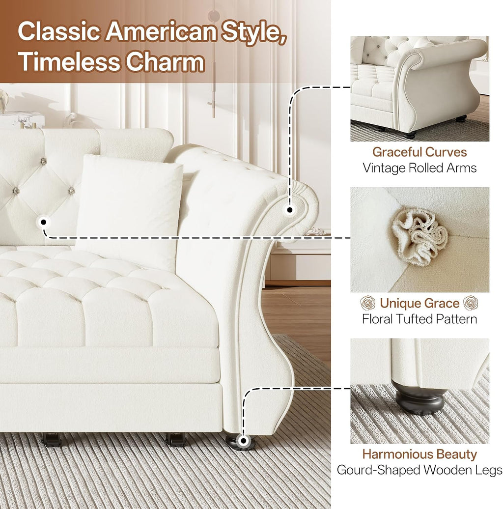 97.6'' Sleeper Sofa Bed King Size, Flower Tufted Pull Out Couch, Velvet Chesterfield Futon Couches, Modern 4 Seater Convertible Sofa, 3 Pillows for Living Room, Apartment, Offices, Beige