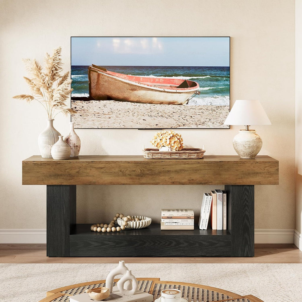LITTLE TREE 63 Inches Long TV Stand for TVs Up to 70 Inches, Modern Television Stand for Living Room, Entertainment Center with U-Shaped Pedestal & Open Storage Shelf, Media TV Console, Brown & Black