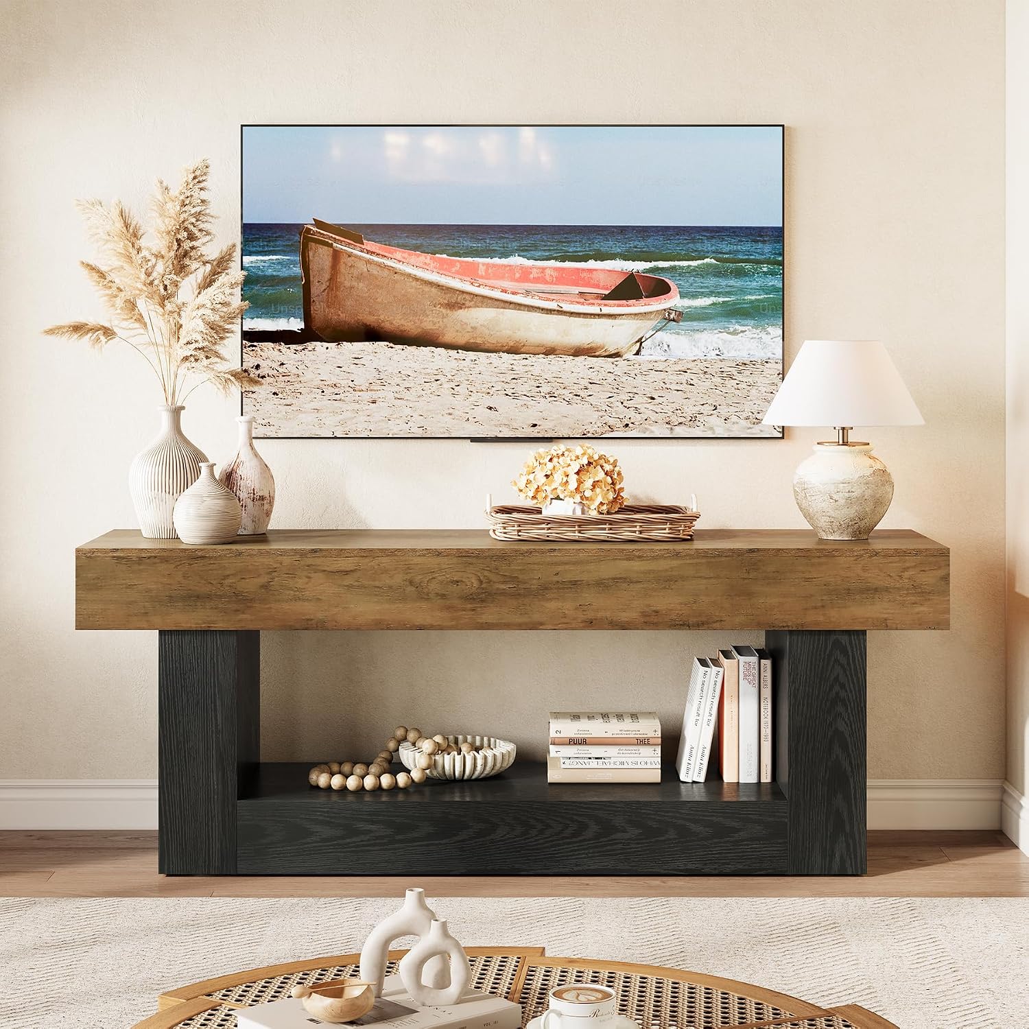 LITTLE TREE 63 Inches Long TV Stand for TVs Up to 70 Inches, Modern Television Stand for Living Room, Entertainment Center with U-Shaped Pedestal & Open Storage Shelf, Media TV Console, Brown & Black
