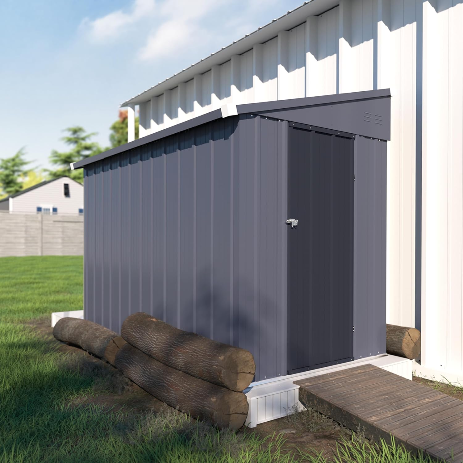 Yardenaler 4x8 FT Outdoor Lean-to Metal Storage Shed, Garden Tool Shed Kit with Door & Lock, Waterproof Patio Utility Tool Shed for Garden and Backyard, Gray