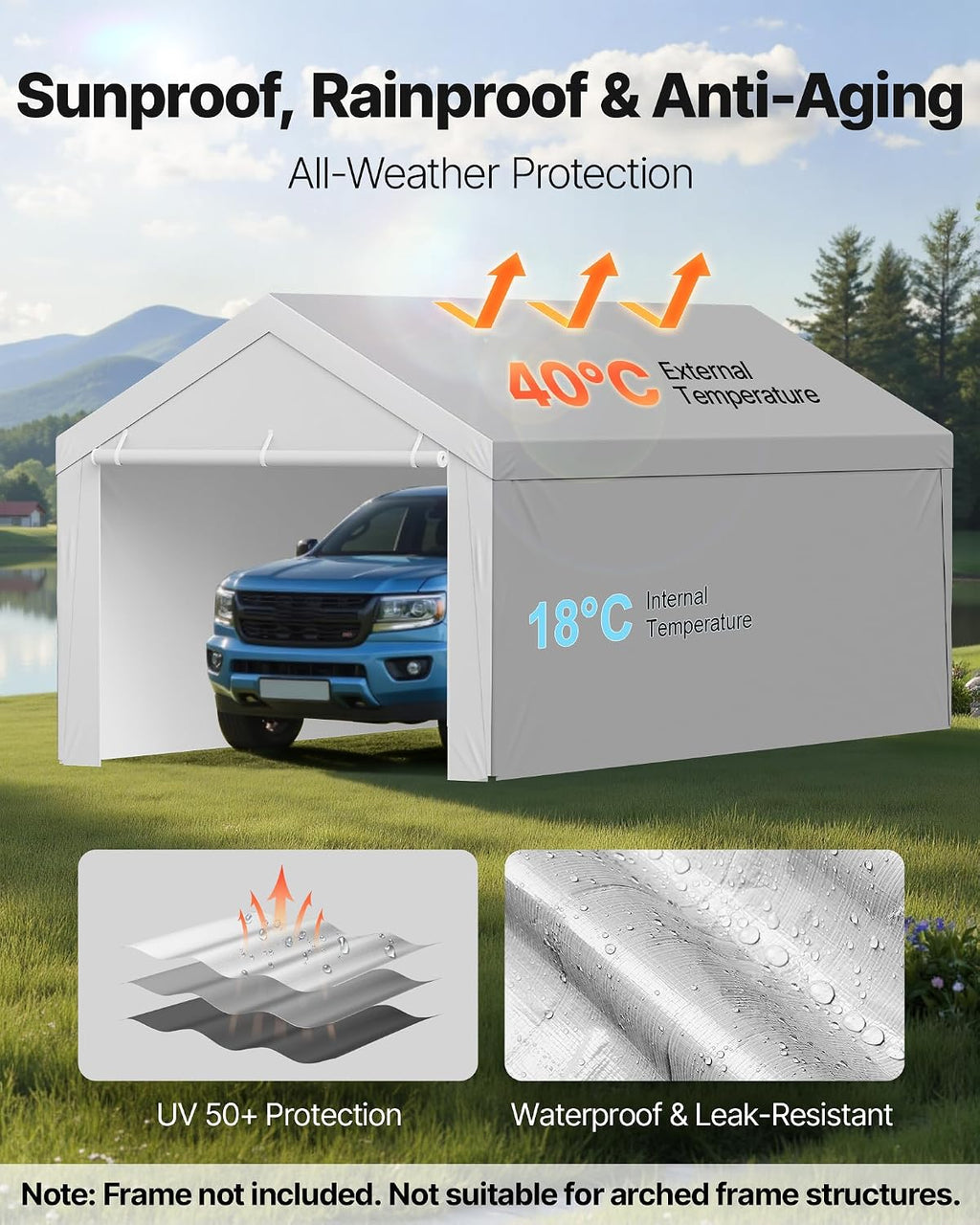 VEVOR Carport Replacement Canopy Cover, 13 x 20 ft Potable Garage Tent Top Tarp with Sidewalls, UV-Resistant & Waterproof, Heavy Duty Car Shelter Tarp with Ball Buggees, Grey, Frame Not Included
