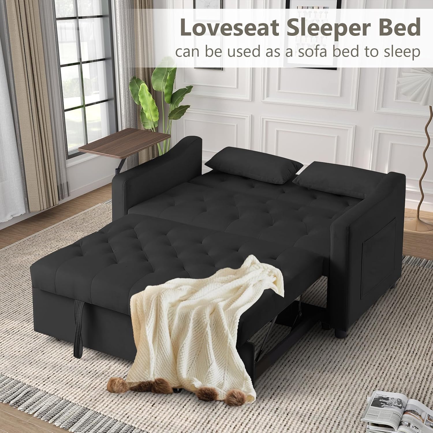 Skepphlay Convertible Couch, 3 in 1 Pull Out Sofa Bed with 3 Adjustable Backrest Loveseat with Storage and Pillows, Modern Recliner for Living Room Apartment, Black