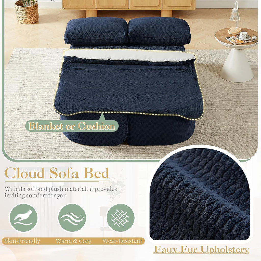 Futon Sofa Bed with Blanket, Convertible Folding Boneless Compressed Faux Fur Memory Foam Floor Loveseat Sleeper Sofa Couch Full Size Bed with Pillows for Guest Room Living Room Small Space, Blue