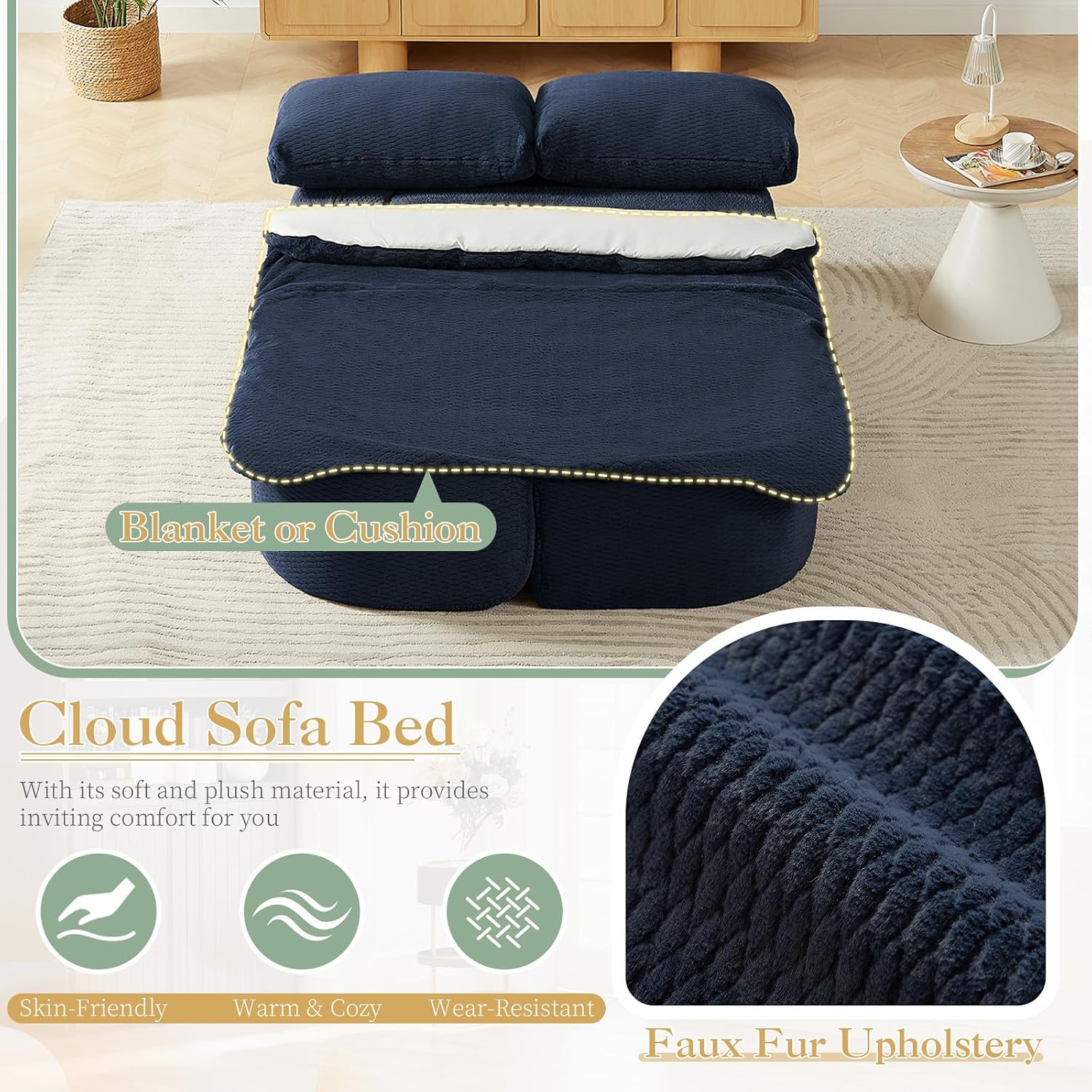 Futon Sofa Bed with Blanket, Convertible Folding Boneless Compressed Faux Fur Memory Foam Floor Loveseat Sleeper Sofa Couch Full Size Bed with Pillows for Guest Room Living Room Small Space, Blue