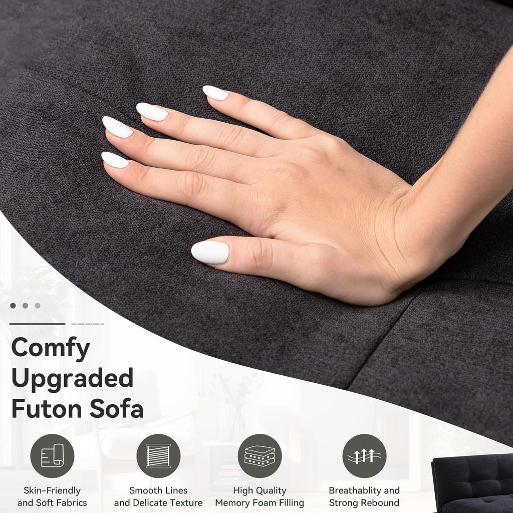 Convertible Futon Sofa Bed,Memory Foam Linen Fabric Futon Couch with Adjustable Backrest,Folding Loveseat Sleeper Recliner for for Living Room,Office,Apartment,Deep Black