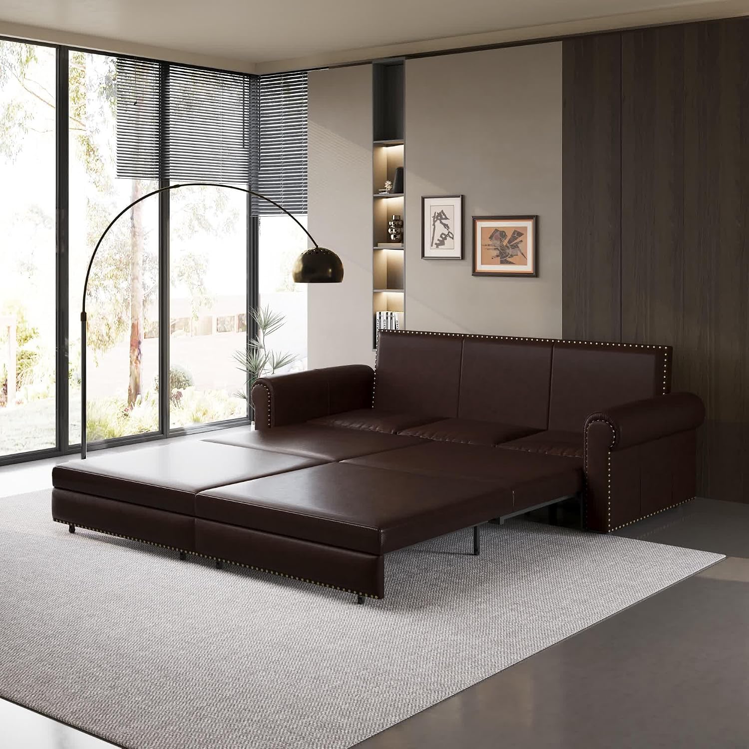 93.7' King Pull Out Sofa Bed, Faux Leather Sleeper Sofa Couch, 3 in 1 Convertible Futon Couches for Living Room, Small Space, Apartment, Office, Bedroom, Modern Rivet Armrest, Dark Brown