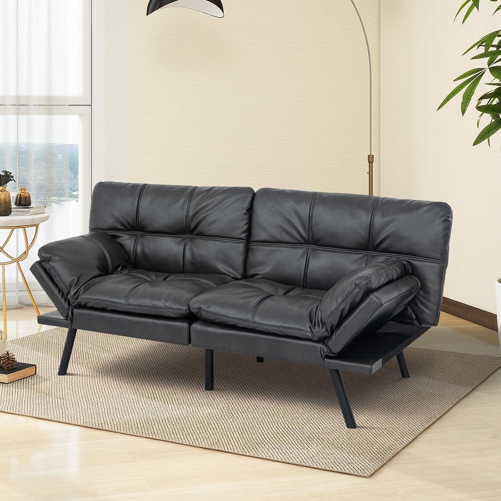 MUUEGM Futon Sofa Bed Convertible Couch,Memory Foam Futon Sofa Couch,Sleeper Futons Sofa Couches,Small Splitback Modern Loveseat Sofa Bed for Living Room,Office,Apartment,Faux Leather,Matte Black.