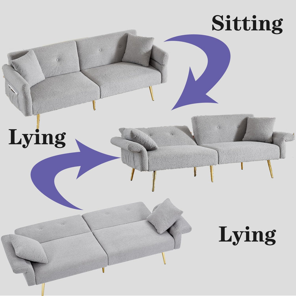 69.5' Grey Convertible Futon Sofa Bed with Adjustable Backrest and Armrests, Teddy Upholstered Loveseat Sleeper Couch with 2 Pillows and Metal Legs Love Seat for Guest Room Living Room (Grey)