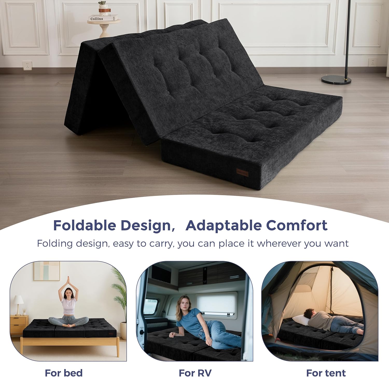 MAXYOYO 6' Folding Sofa Bed for Floor, Tufted Tri-Fold Floor Mattress with Chenille Fabric, Twin Size Portable Sofa Couch Guest Mat for Adults, Foldable Topper for Camping, Black, 35.4'x75'