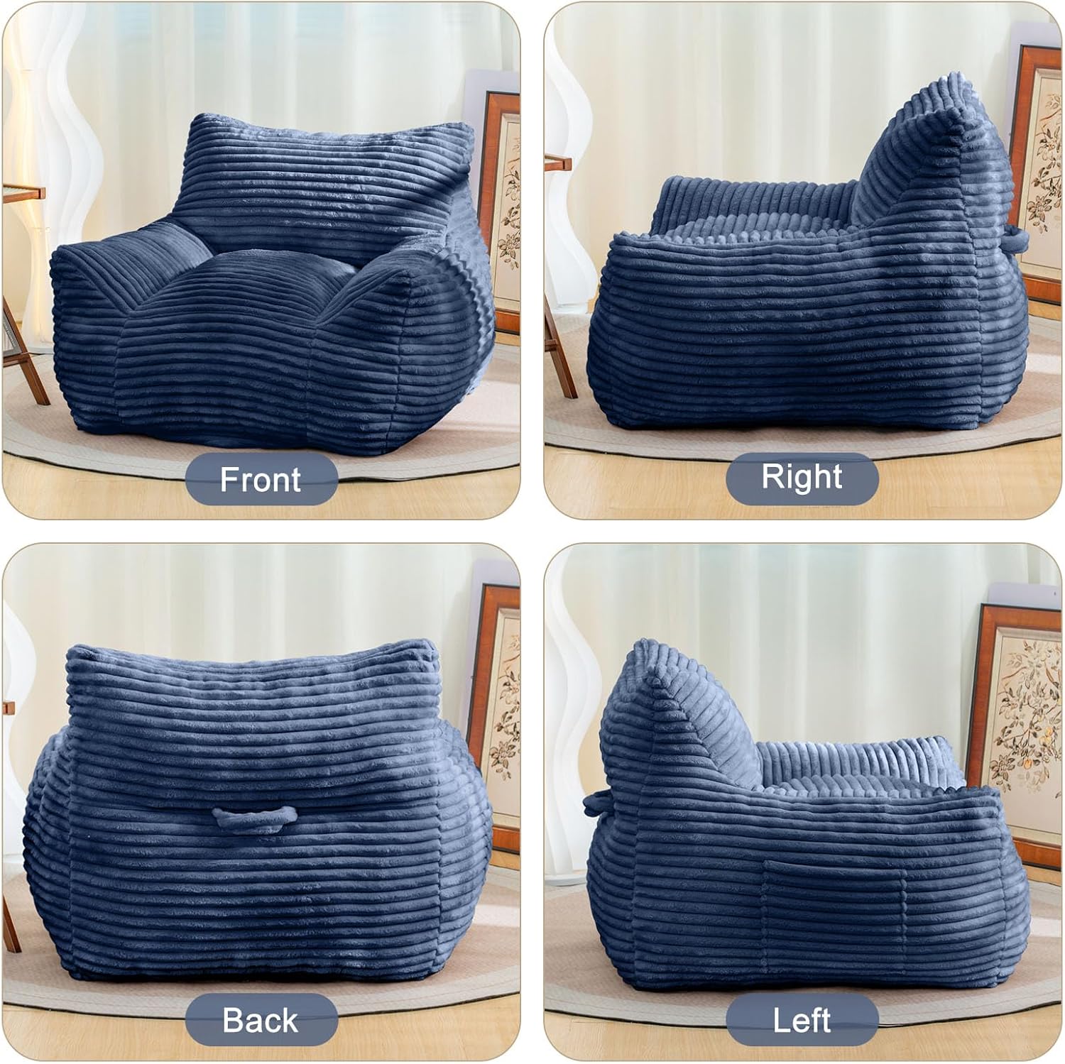 Bean Bag Chair for Adults, Comfy Corduroy Beanbag with Armrests, Lazy Sofa Floor Chair for Living Room, Bedroom, Dorm & Lounge, Cozy Fluffy Single Mini Couch (Blue)