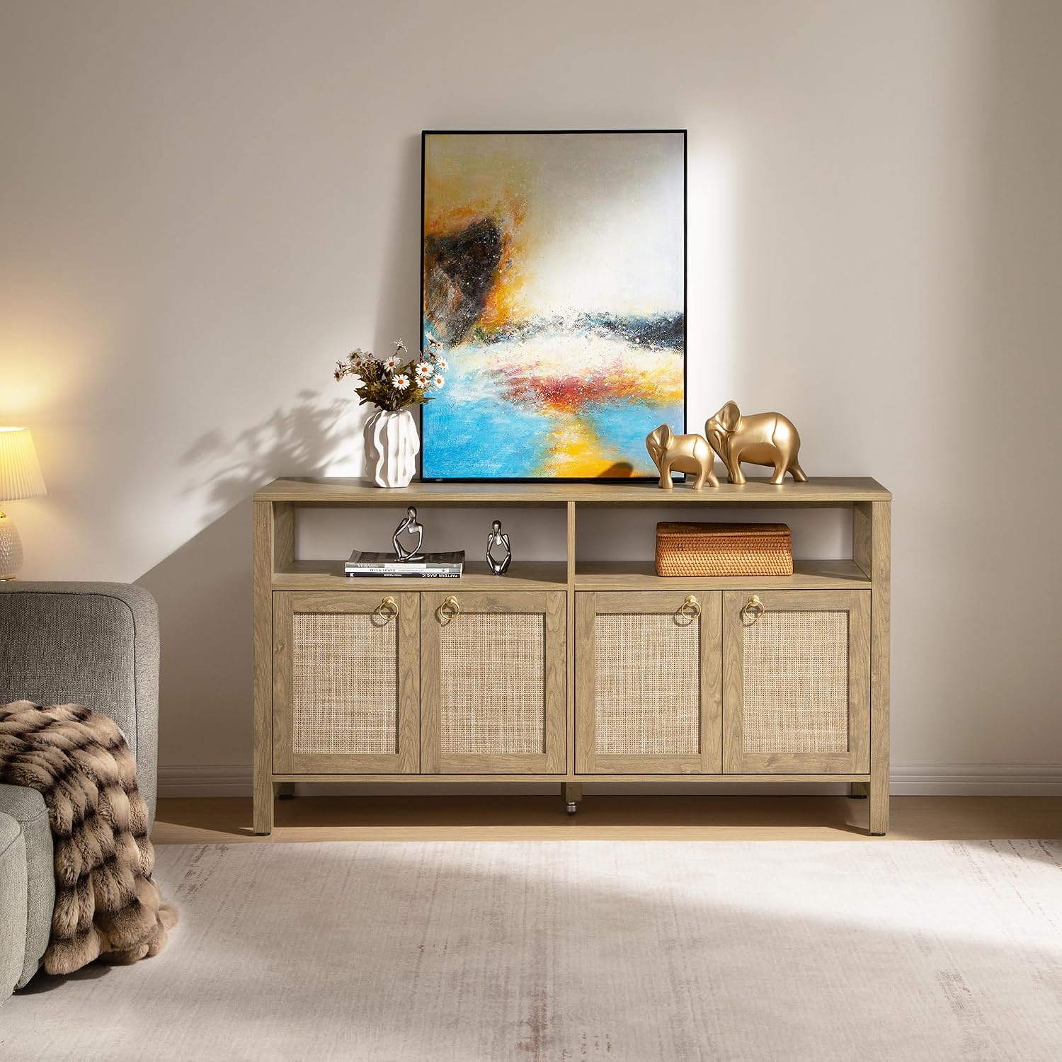 SICOTAS Rattan TV Stand for Television up to 65 Inch - 29.5' Tall Entertainment Center with Storage and Open Shelves,Boho Media TV Console Cabinet with 4-Doors and Adjustable Shelf for Living Room