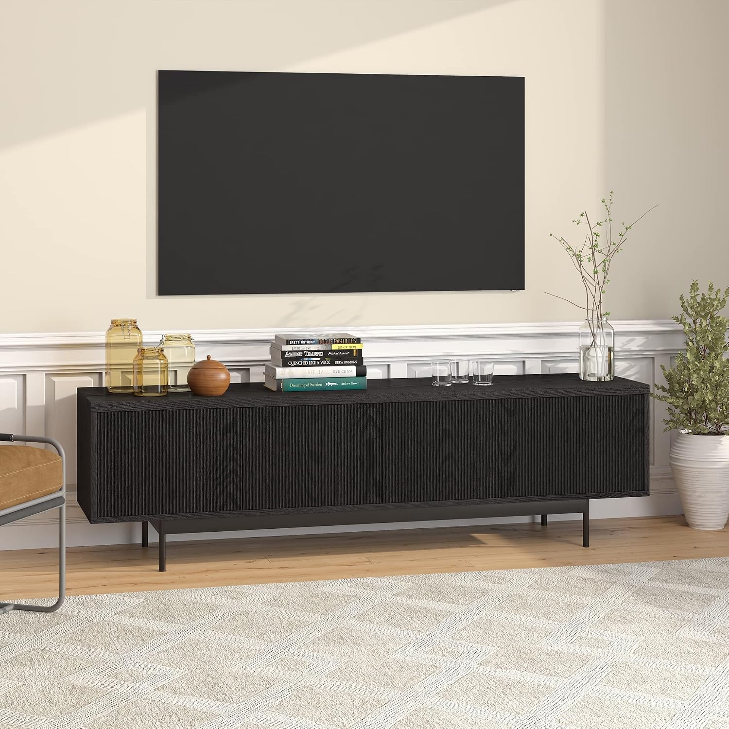 Henn&Hart Fluted TV Stand for TVs up to 75' with 2 Open-Concept Ribbed Storage Cabinets for Living Room, Family Room, or Office, Natural Black