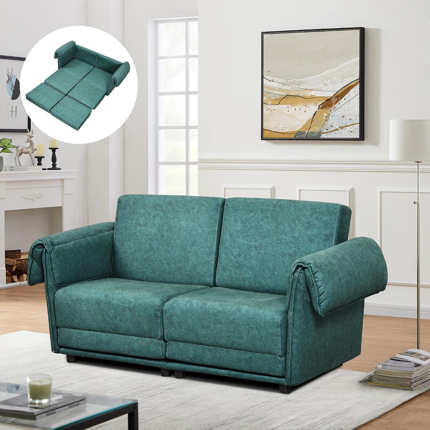FHFO Convertible Couch Bed Queen, 65' Loveset Small Couch for Small Spaces, 3 in 1 Pull Out Sofa Bed Convertible Sleeper Sofa Comfy Sofabed for Living Room, Bedroom, Apartment (Green)