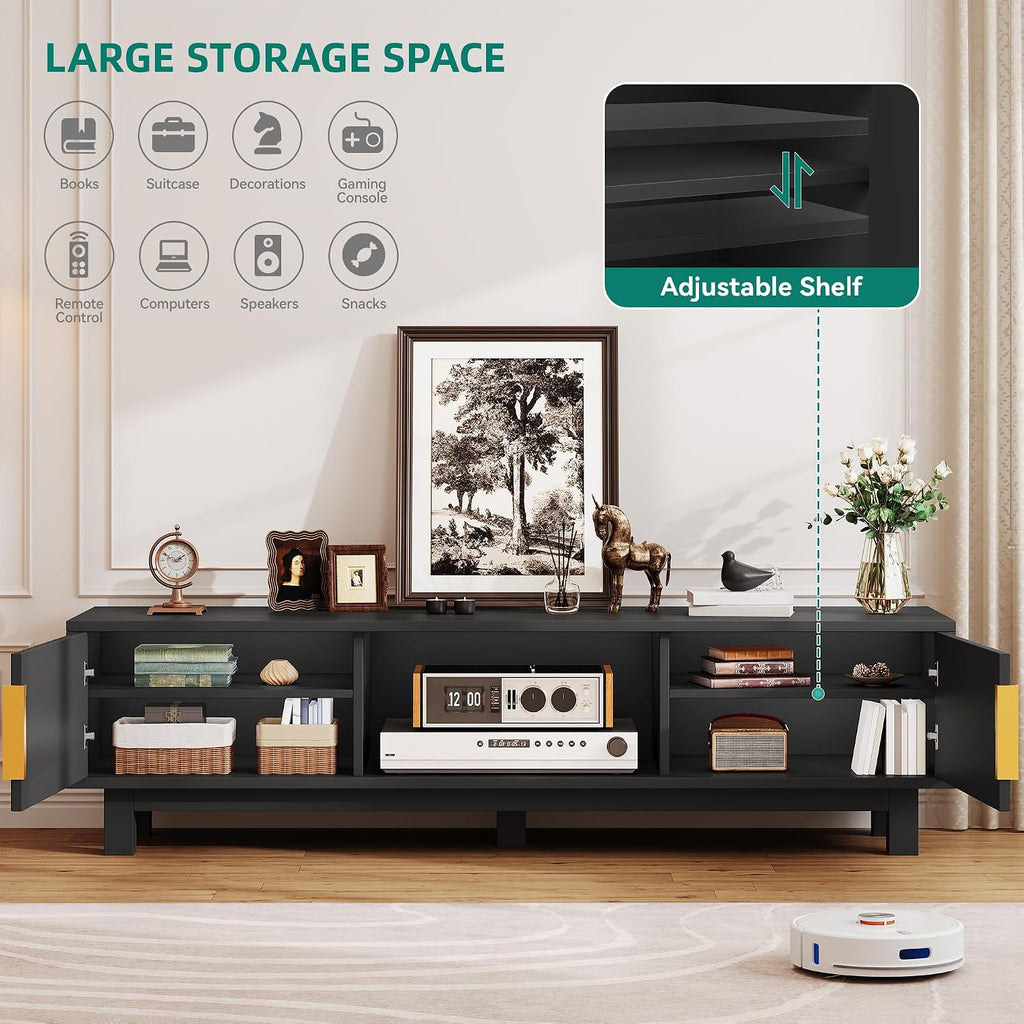 YITAHOME Fluted TV Stands for TVs up to 65 Inches, Entertainment Center with Power Outlets & Storage Compartments, 59' Long Wooden TV Console for Living Room (Black, 59')