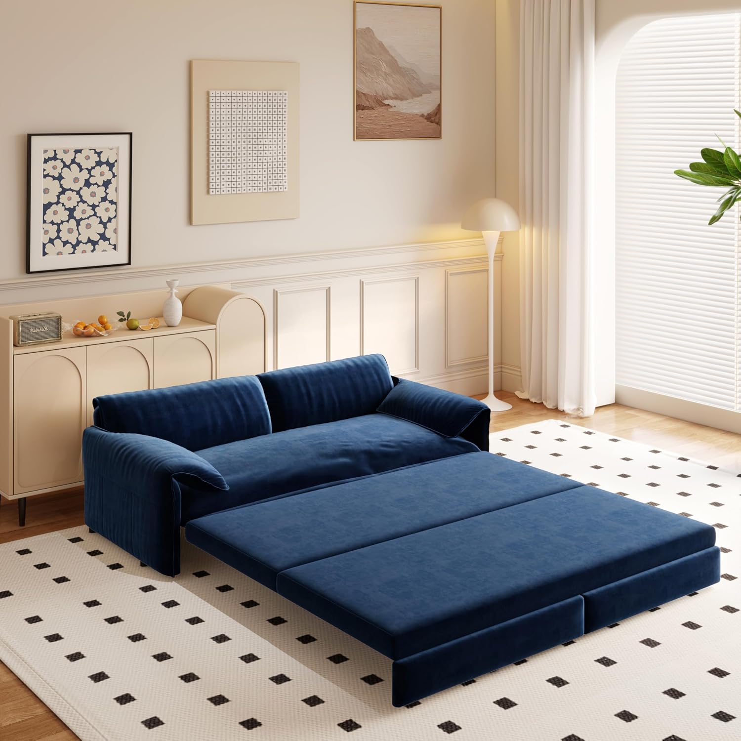 3 in 1 Convertible Queen Sleeper Sofa Bed Comfy Pull Out Futon Couch Bed 66' Modern Velvet Recliner Loveseat Sofa Multi-Functional Blue Cloud Couch for Living Room,Apartment,Office (Blue 66')